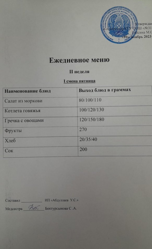 меню 1 смена