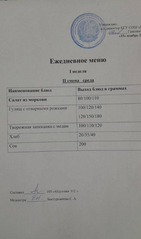 меню 2 смена