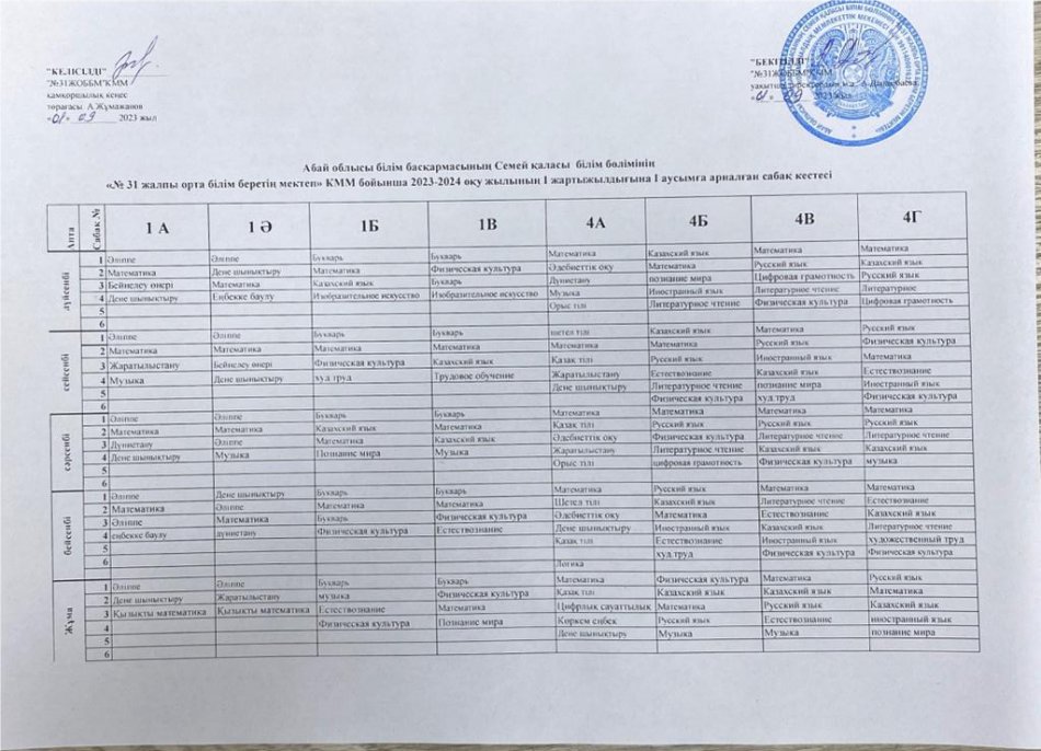Сабақ кестесі 1 ауысым