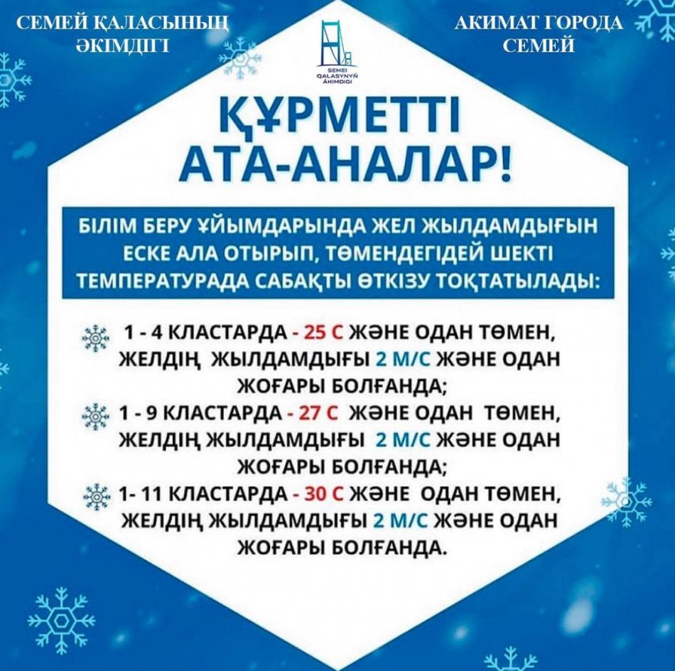 Төмендегідей шекті температурада сабақты өткізу тоқтатылады