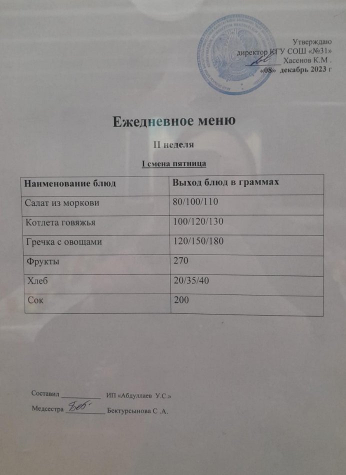 меню 1 смена