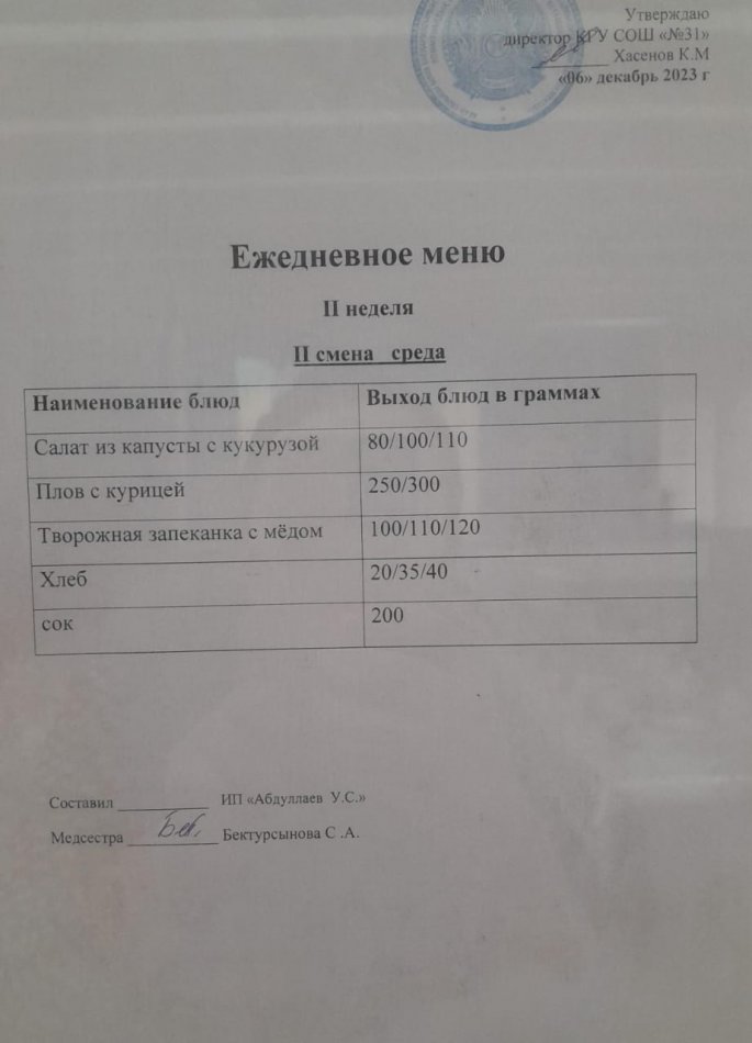 меню 2 смена