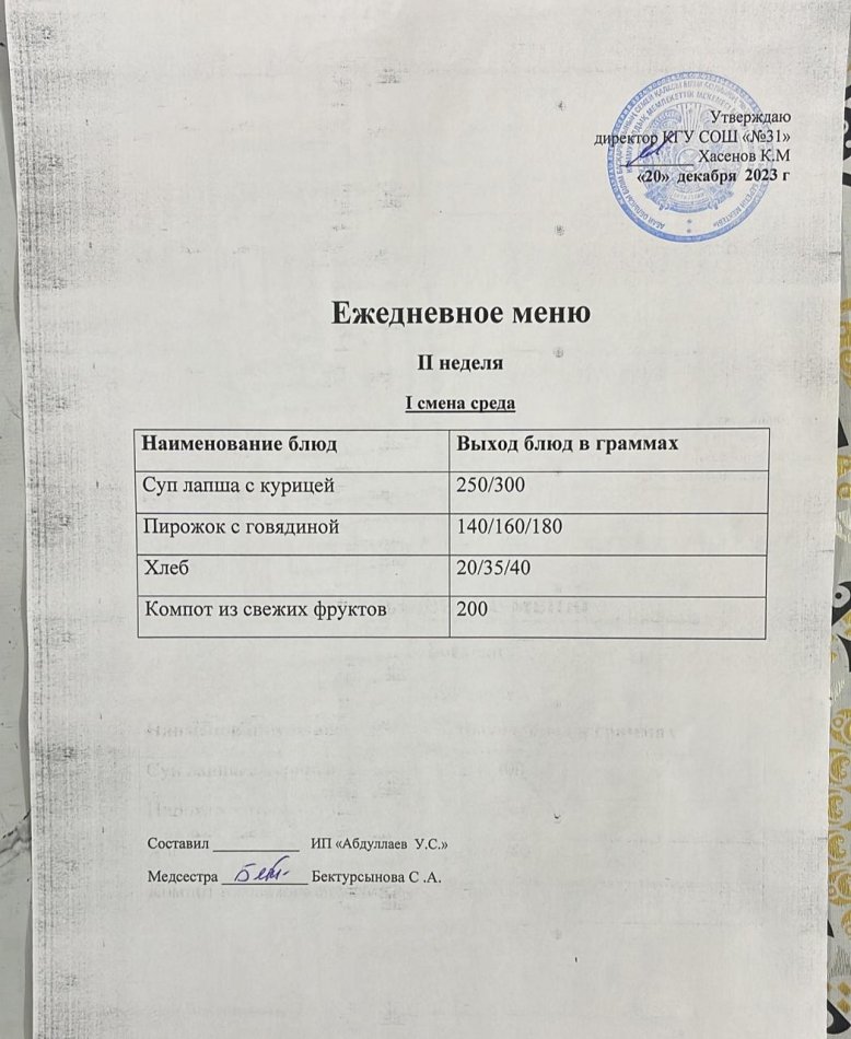 меню 1 смена