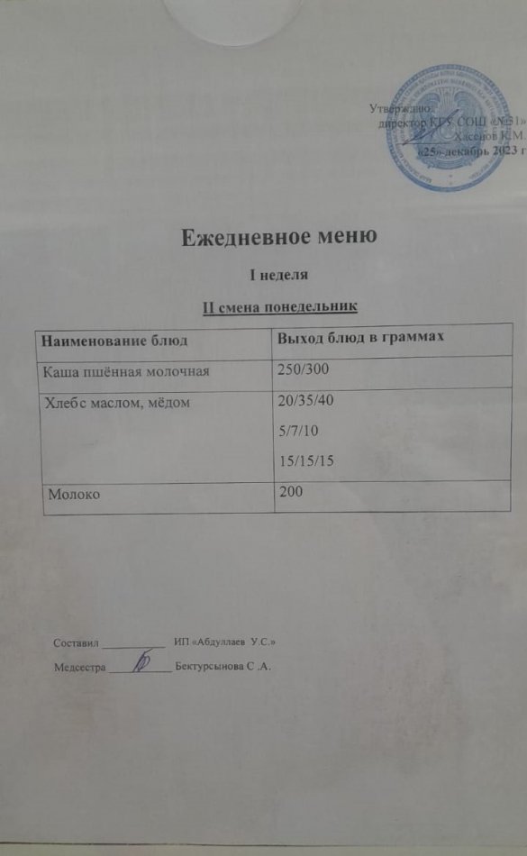 меню 2 смена