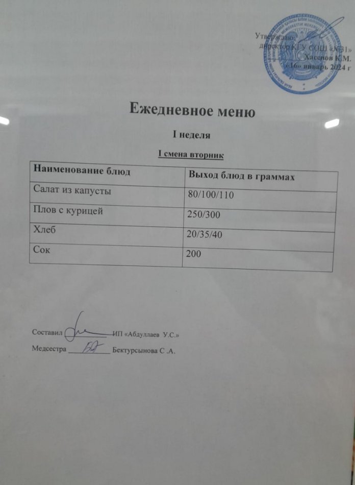 меню 1 смена
