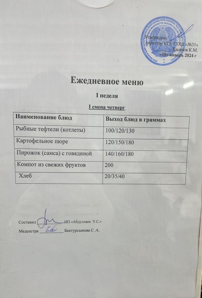 меню 1 смена