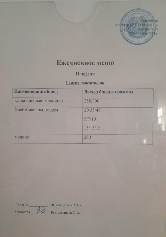 меню 1 смена