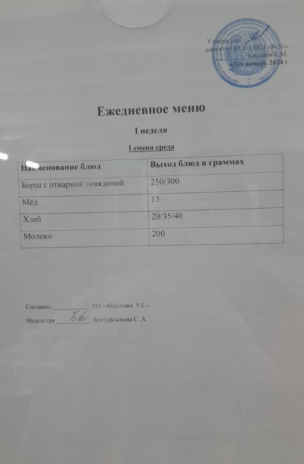 меню 1 смена