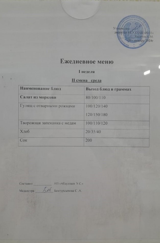 меню 2 смена