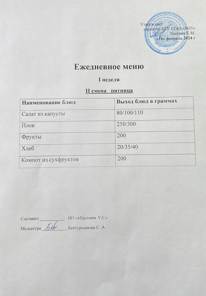 меню 2 смена