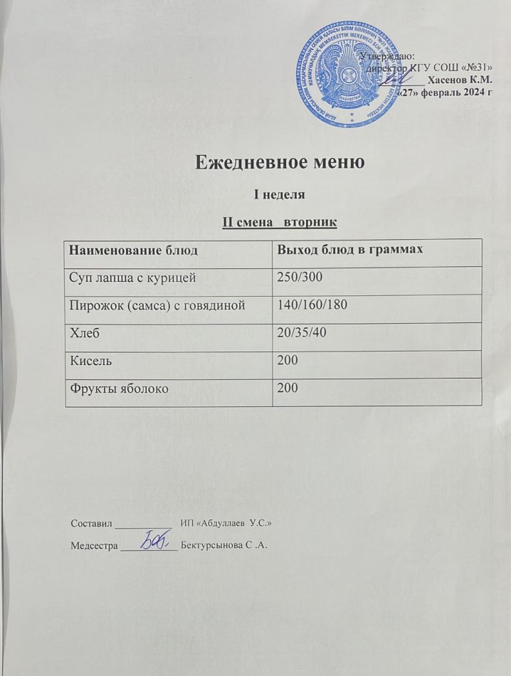 меню 2 смена