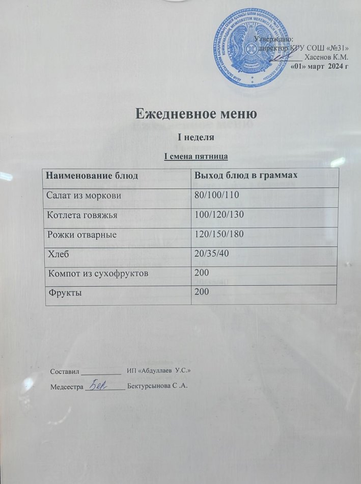 меню 1 смена