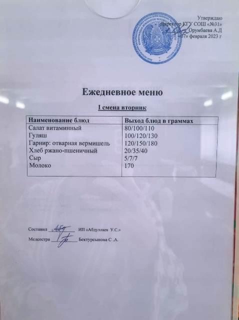 Меню столовой на 7 февраля 2023 г.  1 смена