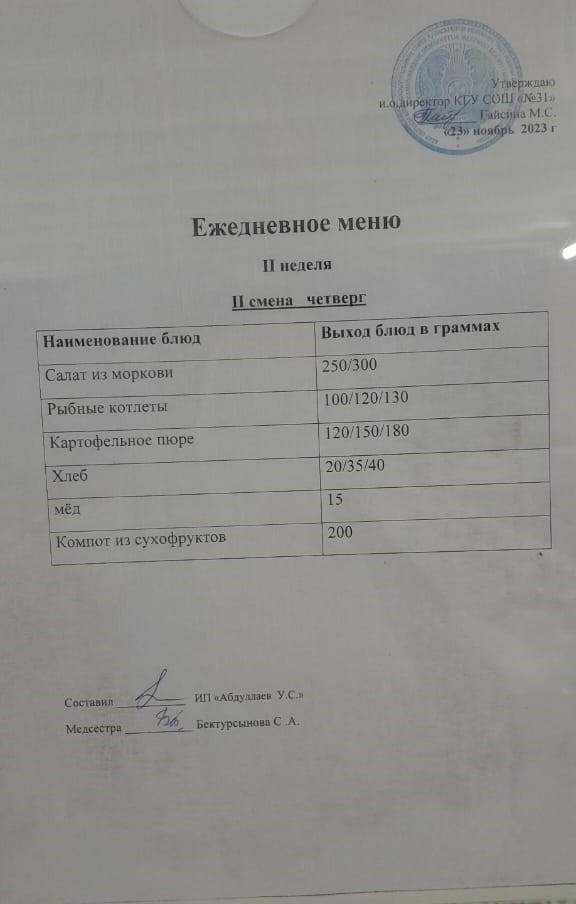 меню 2 смена