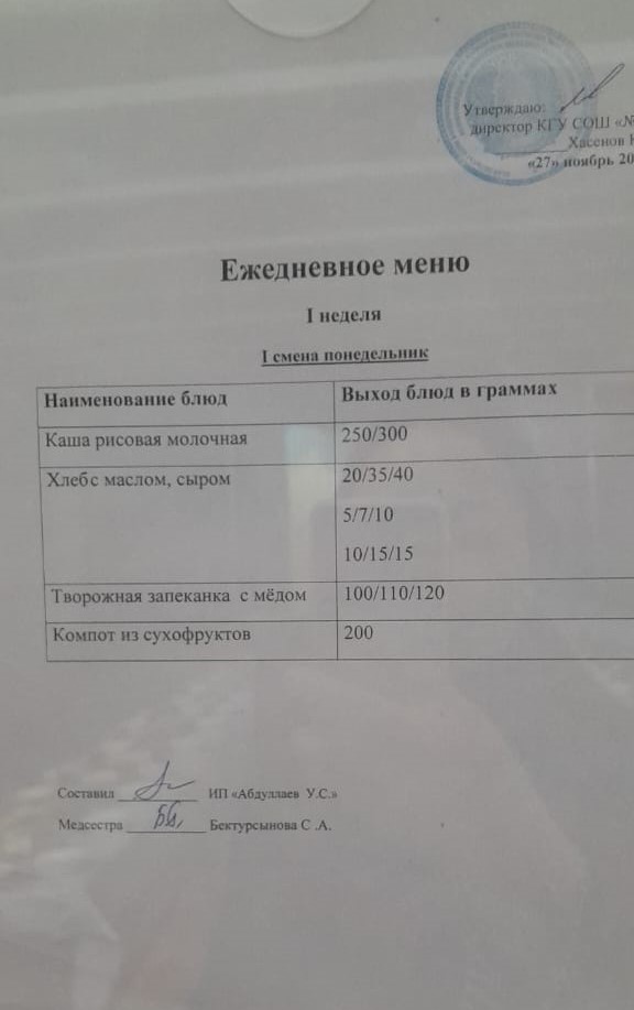 Меню 1 смена