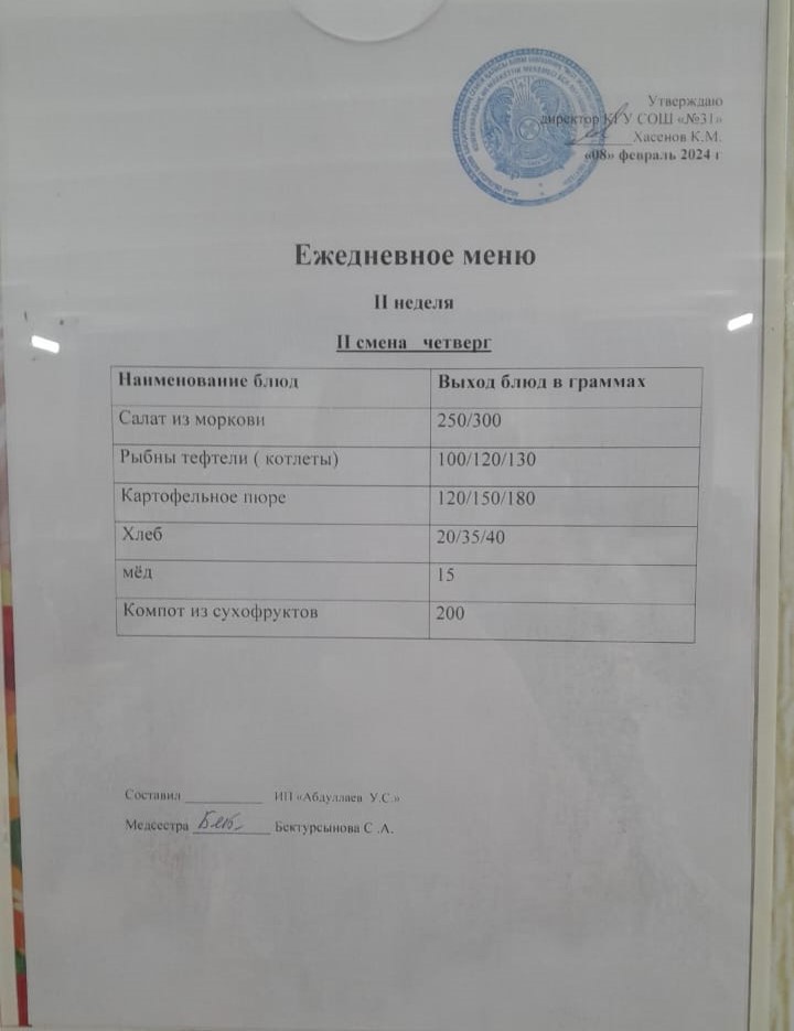 меню 2 смена