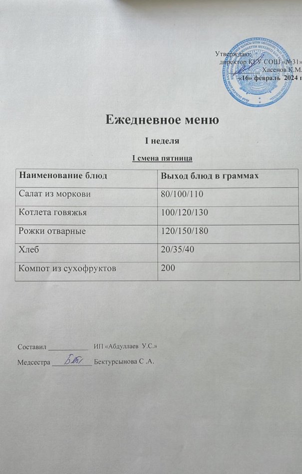 меню 1 смена