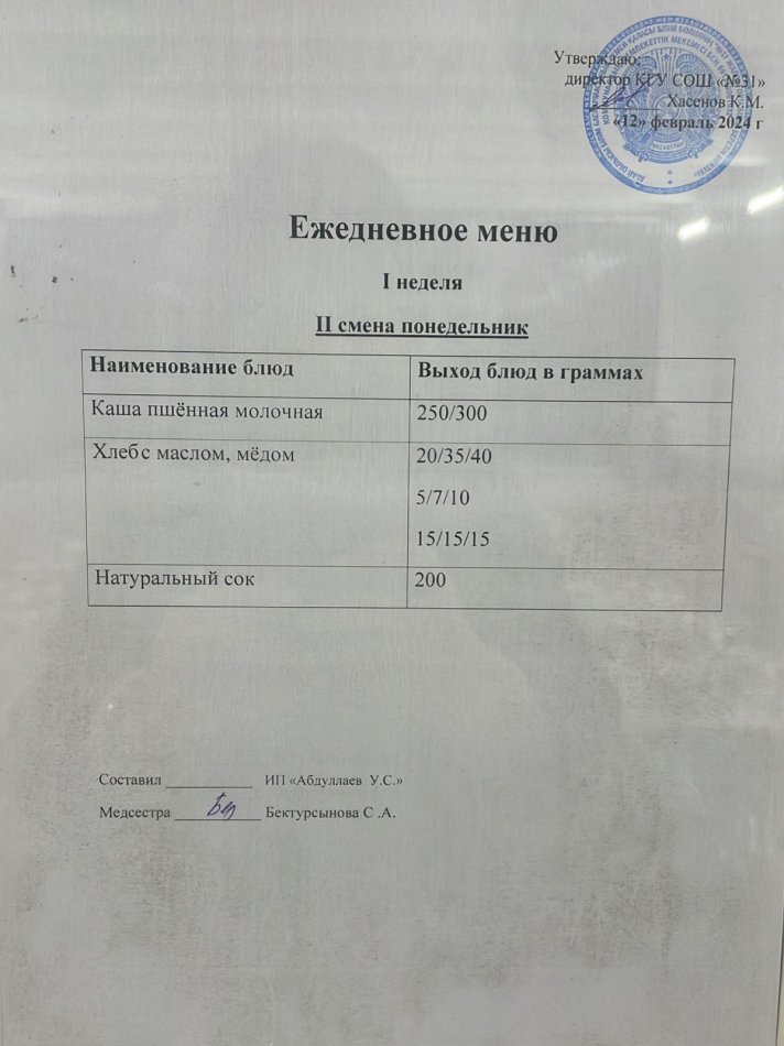 меню 2 смена