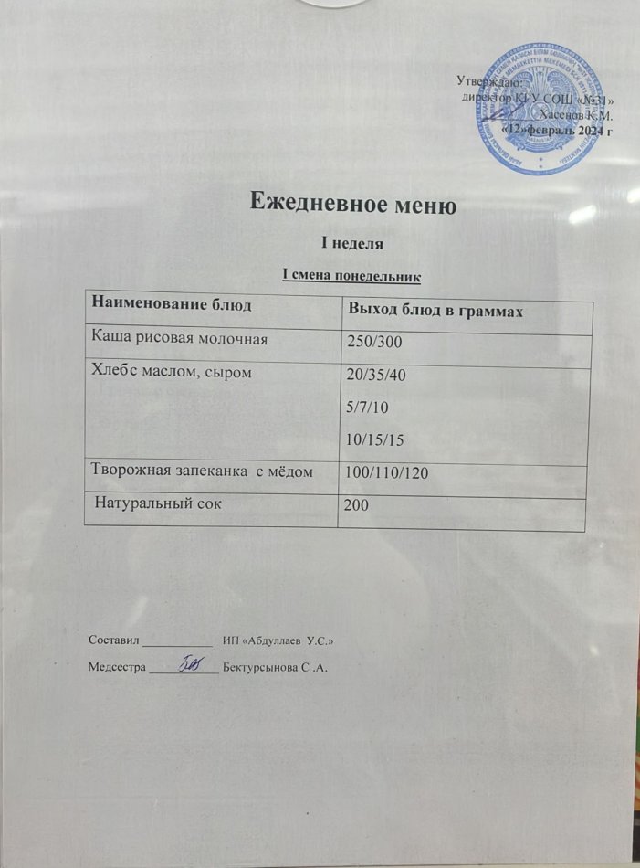 меню 1 смена